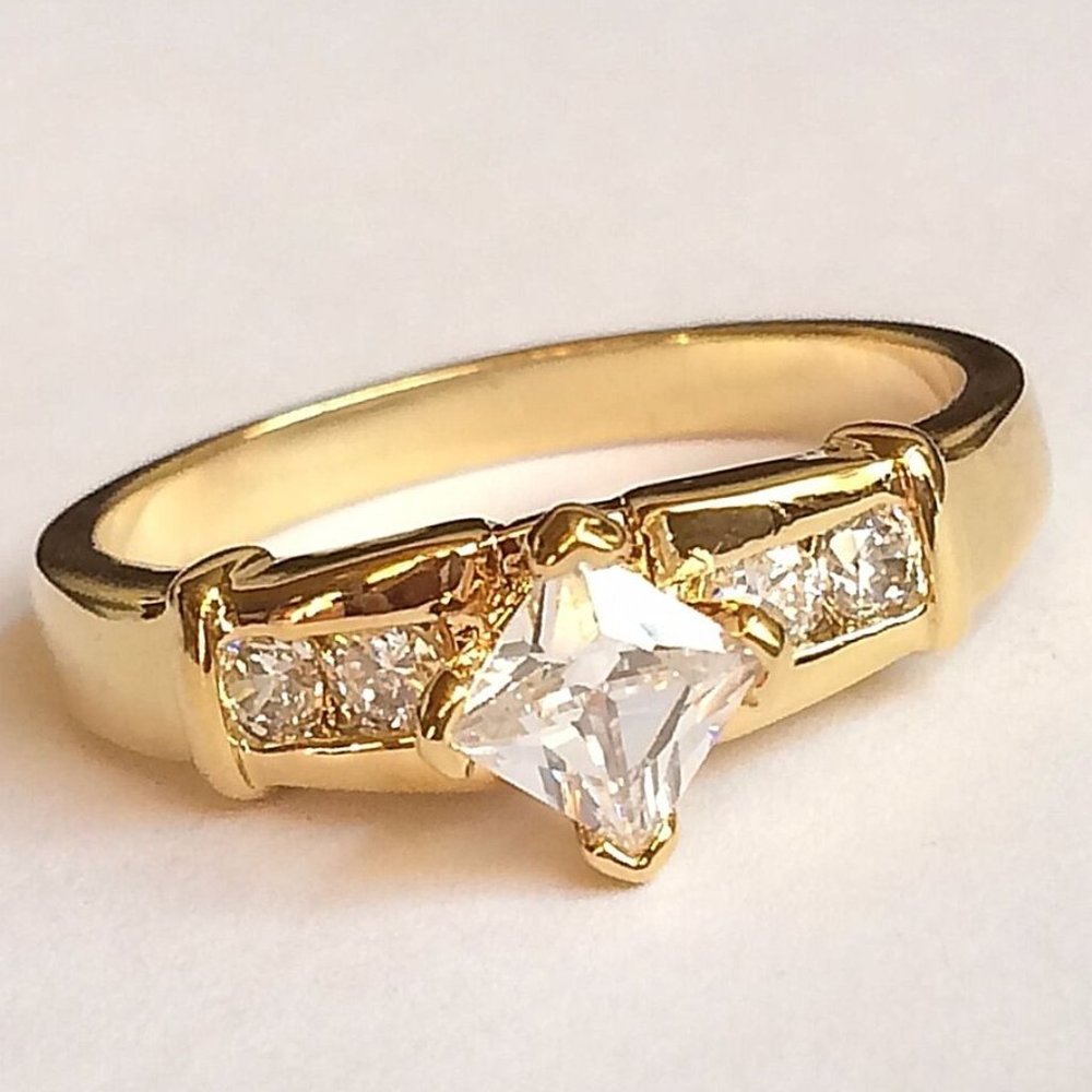 Cubic Zirconia Solitaire Engagement Ring Size 11 Gold Plated Deco Vintage Style